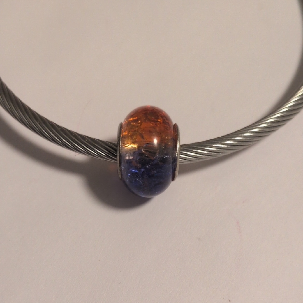 Silver Two Tone Orange And Blue "Crushed Glass" Charm for Pandora Style Bracelet